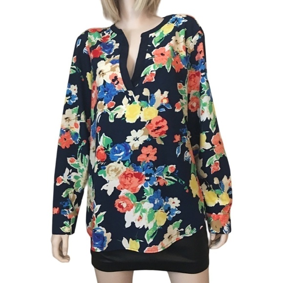 Ralph Lauren Blouse Top Shirt Plunge Neck Tunic Tank Long Sleeve Vivid Floral - Picture 3 of 13